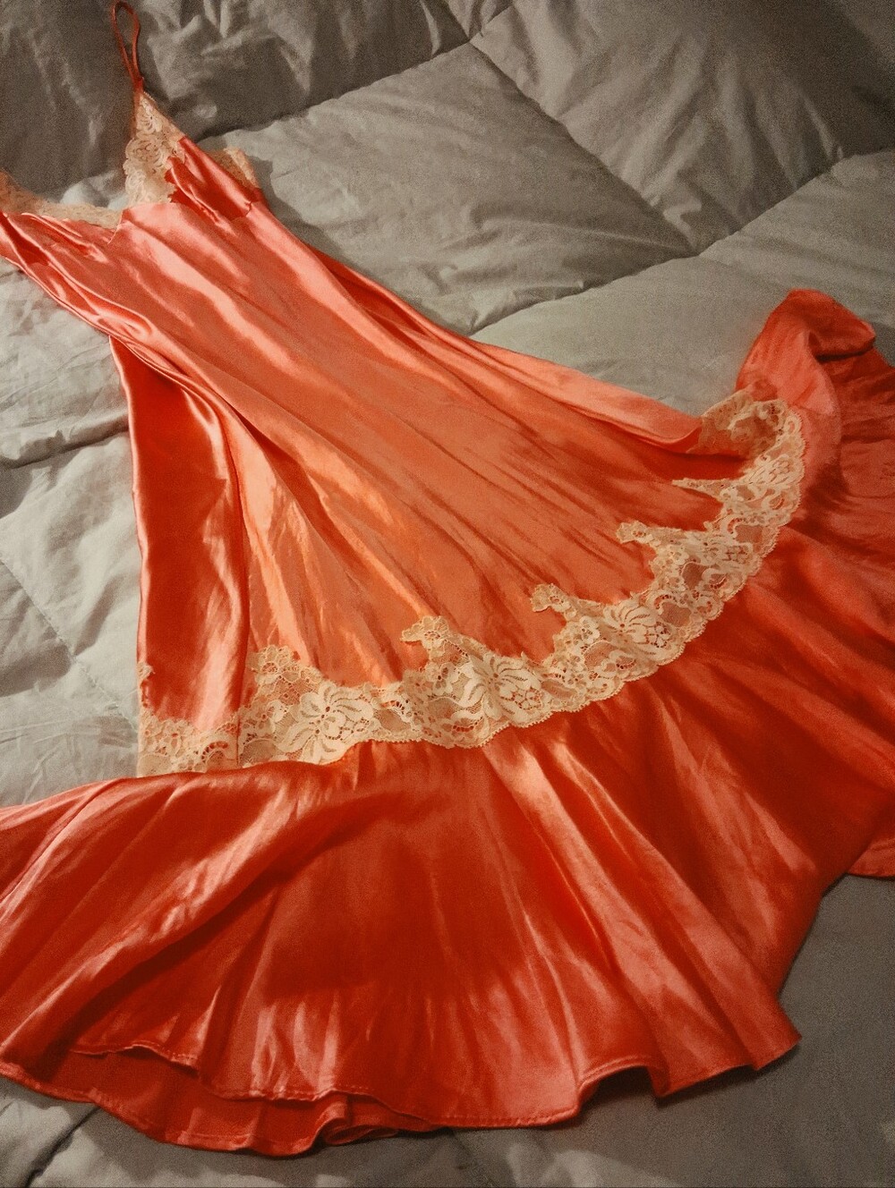 Vintage 100% Silk Victoria's Secret Coral Slip dress W/ Creamy Peach Lace Trim.